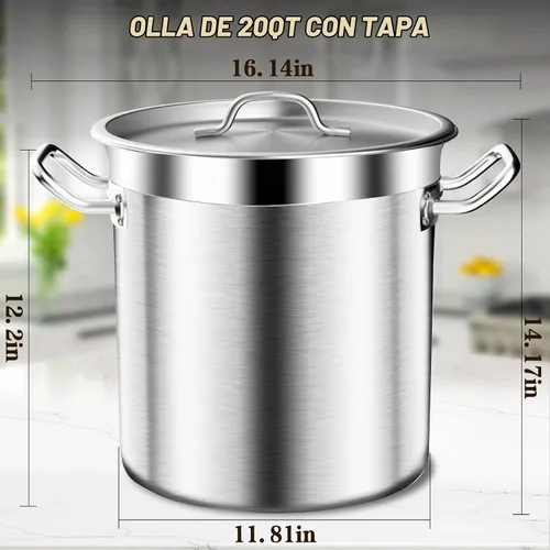 Vista 7 de Olla de acero inoxidable de 20 cuartos de galón con tapa, olla grande – Ollas de grado comercial de tres capas resistentes para hervir sopa