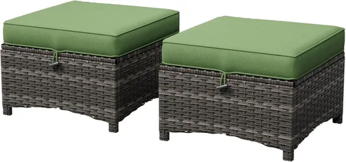Vista 9 de Juego de 2 otomanas para patio, 22 x 22 x 18 pulgadas, reposapiés de mimbre para exteriores con cojín, beige, para jardín, patio trasero, cubierta