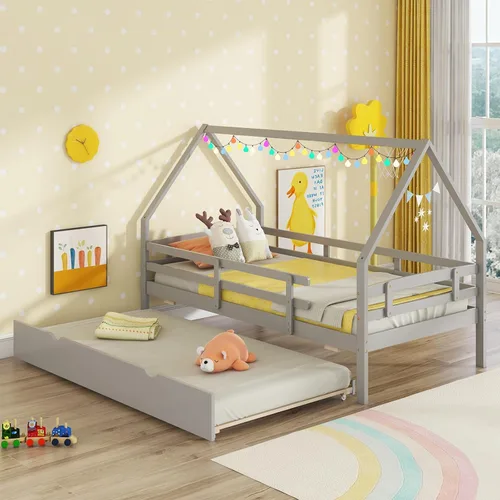 Vista 4 de KOMFOTT Cama de casa de tamaño individual con nido, marco de cama de madera con rieles de seguridad y techo, marco de cama de plataforma de casa Gris