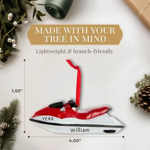 Vista 4 de Adorno personalizado de moto acuática 2026 Adornos de Navidad deportivos grabados con láser para árbol Regalo de recuerdo personalizado