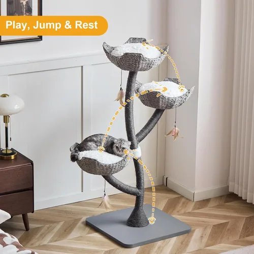 Vista 5 de Torre de árbol gris moderno de 52 pulgadas de alto para gatos grandes, postes rascadores para gatos con cestas tejidas a mano Condominio de lujo