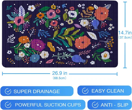 Vista 7 de Tapete de baño floral bohemio morado antideslizante con flores abstractas para ducha, tapete de baño botánico para bañera con ventosas y agujeros