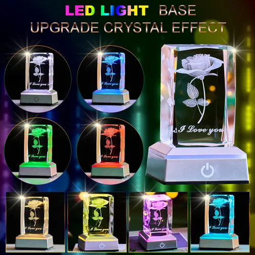 Vista 3 de Lámpara Nocturna de Cristal de Rosa 3D con Luces LED Ajustables - Te Amo, Ideas de Regalo para el Día de la Madre, San Valentín, Aniversario, Regalo