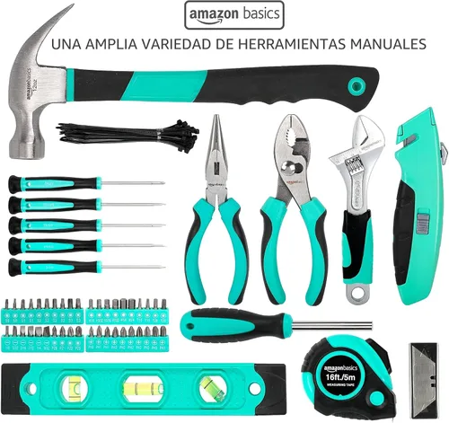Vista 3 de Amazon Basics Juego de herramientas con bolsa redonda de fácil transporte, 104 piezas, turquesa, 14.4 x 11.4 x 3 pulgadas