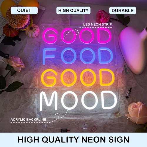 Vista 6 de Horseneon Letrero de neón LED de buena comida y buen humor, letreros de neón de comida para decoración de pared, luz de neón buena comida buen humor