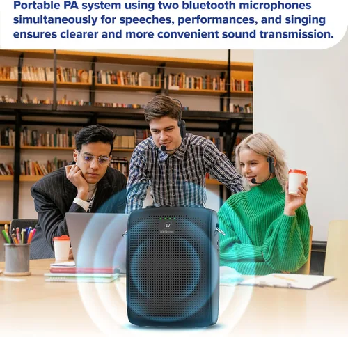 Vista 3 de Mini amplificador de voz inalámbrico con dos micrófonos Bluetooth Sistema PA recargable de megáfono portátil para enseñanza, altavoz pequeño