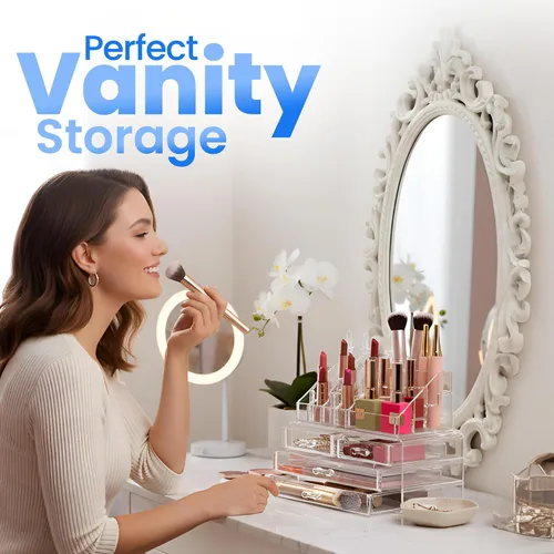 Vista 7 de Masirs Organizador de maquillaje transparente – 16 compartimentos para cosméticos y joyas con 4 cajones – Caja de almacenamiento para maquillaje