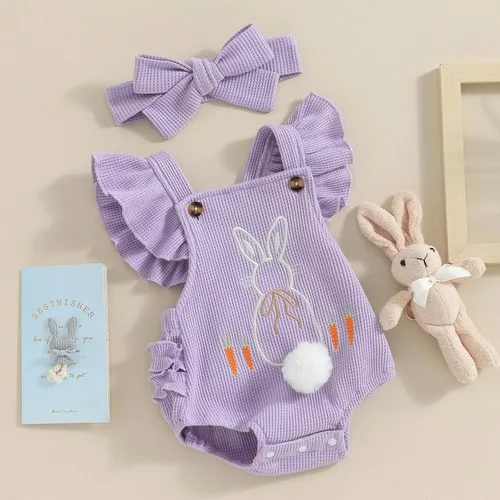 Vista 2 de LAGKIYOJ Trajes de Pascua para bebé niña, con volantes, sin mangas, sin espalda, con burbujas, diadema para bebé, ropa de verano