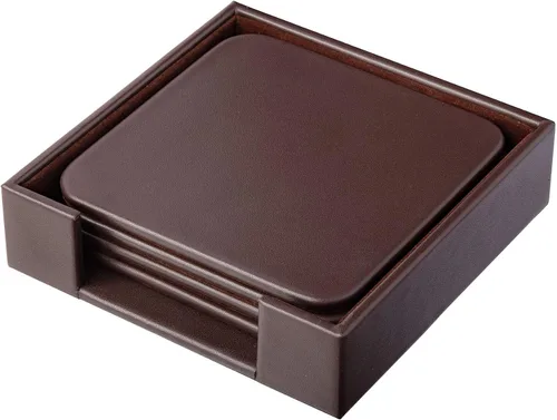 Vista 5 de Dacasso Juego de posavasos cuadrados de cuero marrón chocolate