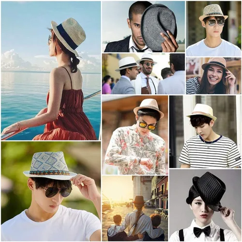 Vista 6 de JK Home Sombrero de paja hawaiano Fedora para hombres y mujeres unisex Trilby Panamá verano sol jazz disfraz de fiesta
