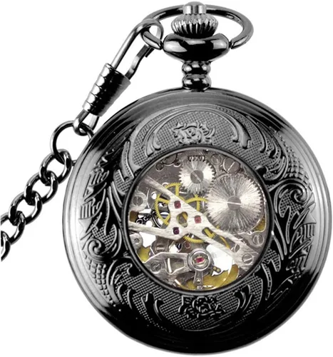Vista 4 de Avaner Steampunk Retro Half Hunter Copper Gear Skeleton Hand Wind Mecánico Número romano árabe Pantalla analógica Reloj de bolsillo con cadena de 14
