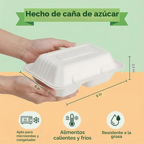 Vista 2 de Elsjoy Paquete de 90 recipientes para llevar con 2 compartimentos, contenedores de alimentos compostables con bisagras de 9 x 6 pulgadas, cajas