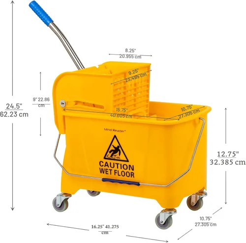 Vista 4 de Mind Reader Cubo para trapeador con escurridor, 22 cuartos (5.5 galones), limpieza de pisos, mango, ruedas, 16.25"L x 10.75"W x 24.5"H, amarillo