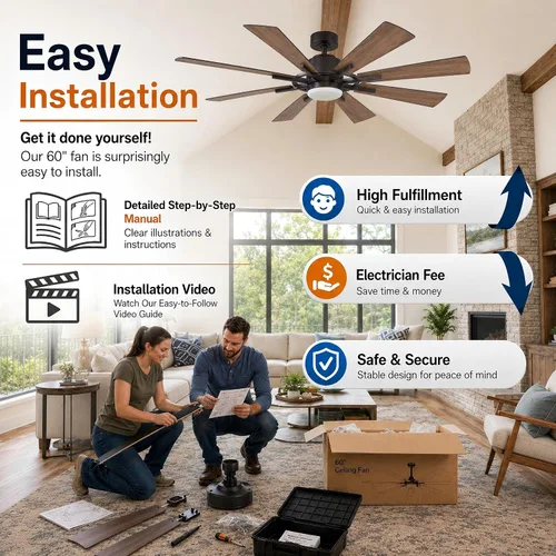 Vista 4 de Ventiladores de techo con luces y control remoto, ventilador de techo de granja de 60 pulgadas con luz para dormitorio, sala de estar, ventiladores