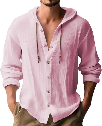 Vista 7 de Camisas de lino para hombre, casual, con botones, de verano, algodón, lino, con capucha, para playa, manga larga, con capucha