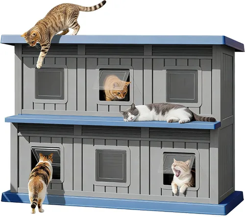 Vista 8 de Casa de gato resistente a la intemperie para exteriores, casa para gatos al aire libre para múltiples gatos, refugio de resina de doble piso