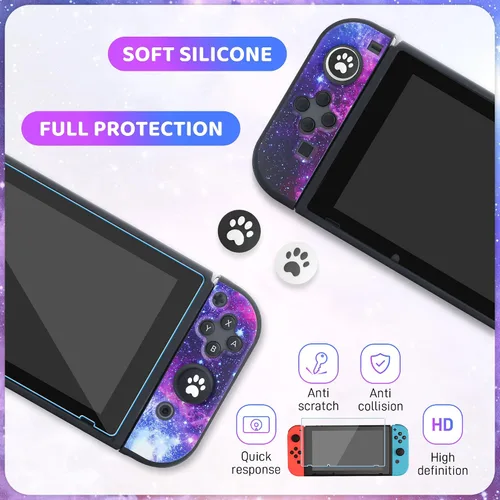 Vista 5 de Funda de transporte para Nintendo Switch, funda de almacenamiento portátil de viaje estrellada morada con funda protectora de TPU suave, protector
