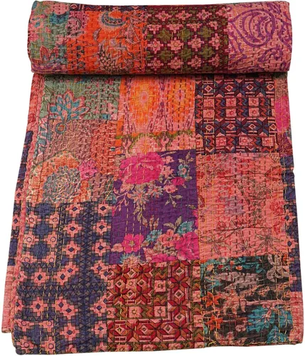 Vista 8 de Marubhumi Colchas hechas a mano tradicional de algodón puro con estampado de cachemira Kantha, funda de cama reversible con estampado de cachemira