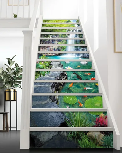 Vista 15 de FLFK Calcomanías para escaleras, calcomanías para escaleras, calcomanías para despegar y pegar, caminos de flores y césped, calcomanías