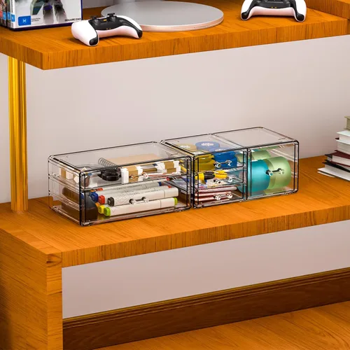 Vista 5 de Cq acrylic Paquete de 2 organizadores de escritorio transparentes con cajones, organizador apilable de 6 cajones para el cuidado de la piel, lindos