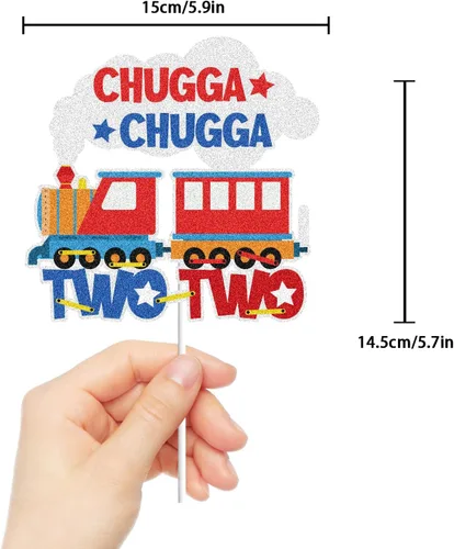 Vista 2 de Chugga Chugga Two Two 2 Train Happy Birthday Cake Topper 2, 2 años de edad, 2º cumpleaños, suministros de fiesta temática de ferrocarril para bebés
