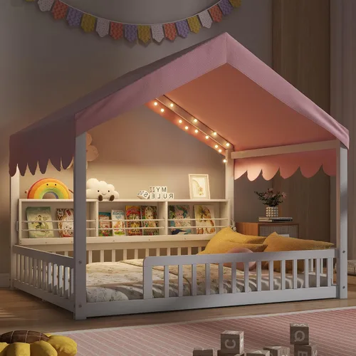 Vista 19 de Harper & Bright Designs Marco de cama de piso de casa de tamaño individual con barandillas de techo y valla, cama Montessori de madera maciza, fácil
