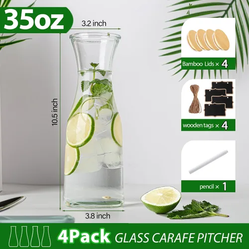 Vista 2 de Jarras de vidrio con tapas de bambú, 4 piezas de 1 litro para bebidas de 1 litro, juego de jarras para barra de mimosa, contenedor de jugo