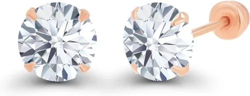 Vista 2 de Juego de aretes solitarios de oro macizo de 14 quilates, hipoalergénicos, con piedra natal redonda de 0.197in, Metal Gema Piedra, Circonia cúbica