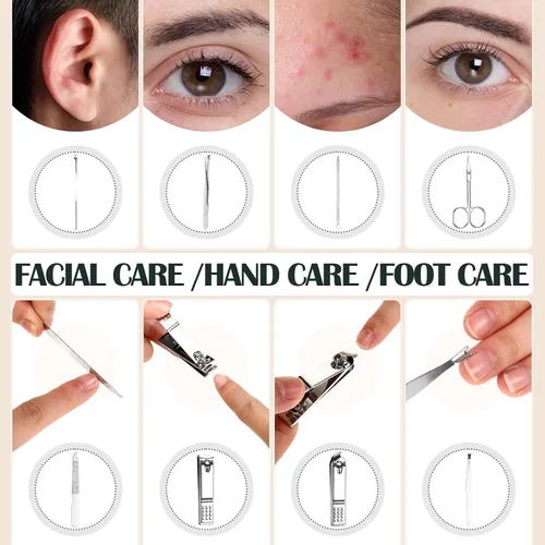 Vista 4 de Juego de 60 manicura a granel, 8 en 1 de acero inoxidable cortaúñas con estuche, regalos de agradecimiento para la semana de la enfermera, día