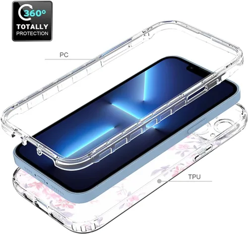 Vista 4 de Funda para iPhone 14 Plus con protector de pantalla de vidrio templado, cuerpo completo transparente floral TPU delgado funda protectora para Apple