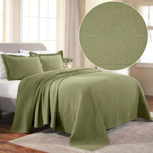 Vista 3 de Superior Fleur De Lis - Juego de colcha de algodón de 3 piezas, decoración de cama para el hogar, colcha decorativa con textura, 2 fundas de Salvia