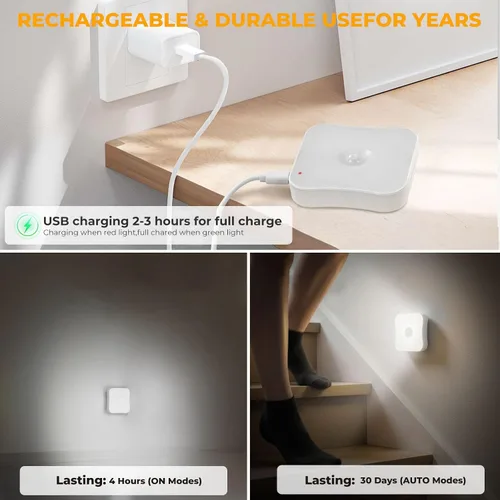 Vista 7 de Luz recargable con sensor de movimiento para interiores, luces de escalera recargables, lámpara de noche a batería, inalámbrica, se pega