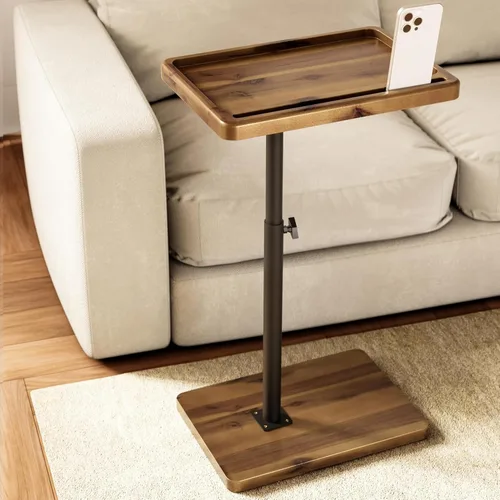 Vista 7 de HOLANA Mesa auxiliar ajustable en forma de C de madera de acacia – Mesa auxiliar giratoria de 360° para sofá – Mesa auxiliar pequeña para iPad