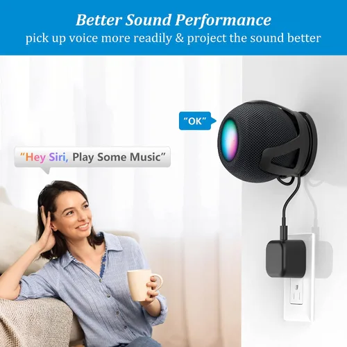 Vista 4 de PlusAcc Soporte de pared para HomePod Mini - Soporte compatible con Homepod Mini, sin sonido amortiguado, con gestión de cables, accesorios de Negro