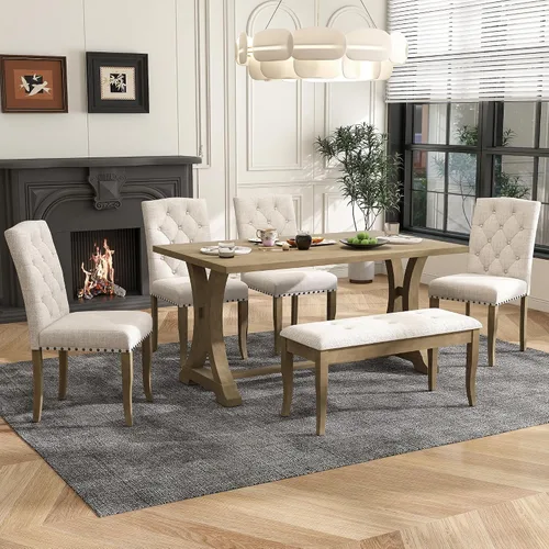 Vista 10 de Juego de mesa de comedor de 6 piezas estilo granja, mesa rectangular con soporte y 4 sillas tapizadas y banco, juego de muebles de cocina