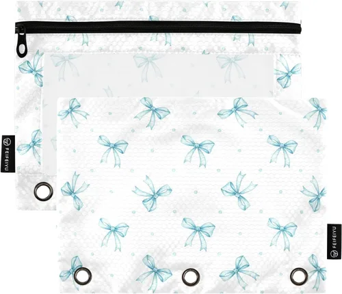 Vista 24 de Estuche de béisbol blanco para lápices de 3 anillas, paquete de 2 carpetas para lápices, estuche transparente con cremallera, bolsa de cosméticos