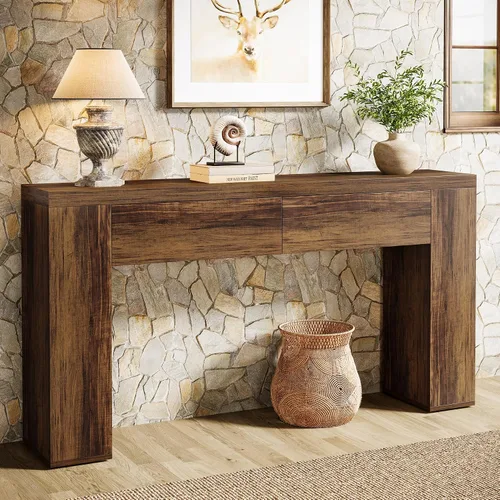 Vista 9 de Tribesigns Mesa consola de madera de 63 pulgadas con 2 cajones ocultos, mesa de sofá marrón rústico de granja para sala de estar, pasillo, entrada
