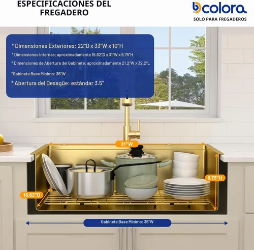Vista 9 de Dcolora - Estación de trabajo para fregadero de cocina de 33 x 22 pulgadas Dorado
