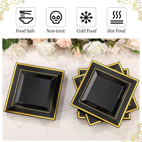 Vista 3 de 200 platos de plástico negro y dorado de 6.5 pulgadas, platos de postre cuadrados desechables para aperitivos, pasteles, ensalada, cubiertos