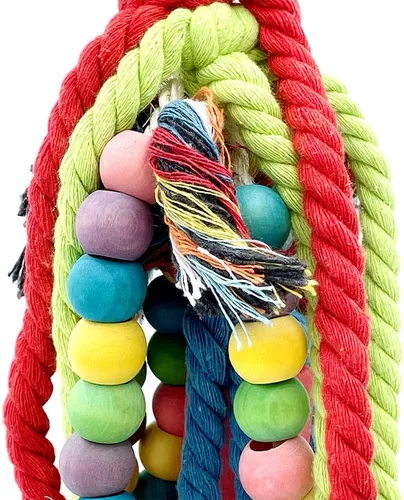 Vista 3 de Juguetes para masticar loro de 20.5 pulgadas – Juguetes de cuerda de algodón y desgarro de bloques de madera para loro mediano grande extra grande