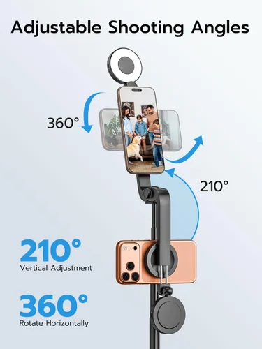 Vista 5 de USKEYVISION Palo de Selfie Magnético con Trípode, Luz y Control Remoto, Trípode para Teléfono con Soporte Magnético para Magsafe, Soporte Giratorio