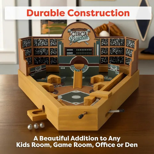 Vista 3 de Hey! Play! Juego de habilidades de mesa de pinball de béisbol, juguete de escritorio clásico en miniatura de madera retro para coleccionistas