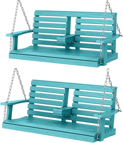 Vista 14 de KINGYES Columpio colgante para porche al aire libre, silla de patio de 2 asientos con portavasos, banco impermeable para patio y jardín, capacidad