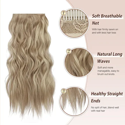 Vista 3 de FESHFEN Extensiones de cabello con clip - 4 piezas Extensiones de cabello sintético ondulado largo y grueso con clip para cabeza completa