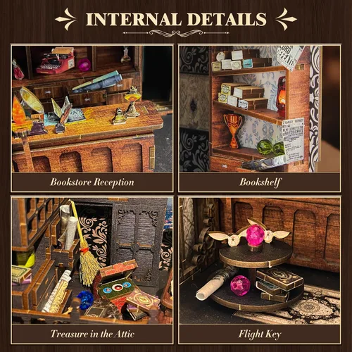 Vista 4 de Kit de Rincón de Libros para Hacer Uno Mismo, Rompecabezas de Madera 3D en Miniatura Sujetalibros Decoración de Estantería con Luz LED, Cubierta