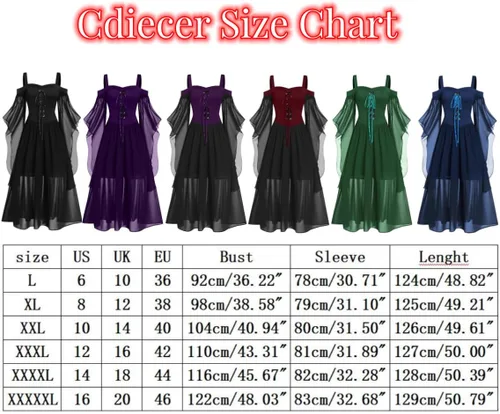 Vista 4 de Vestido gótico para mujer, vestidos de hombros descubiertos de Halloween, talla grande, vestido de manga acampanada, vestido medieval sexy