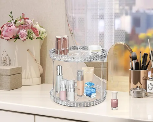 Vista 3 de Organizador de baño Lazy Susan de 2 niveles, organizador de maquillaje cosmético giratorio transparente de 360 grados para tocador, organizador