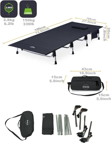 Vista 8 de iClimb Cuna plegable súper fácil de montar, ultraligera, compacta y resistente, con bolsa de transporte para adultos, camping, mochileros