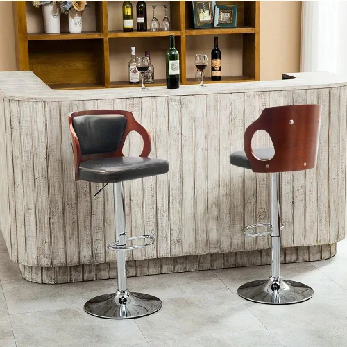 Vista 7 de Homall Taburetes de bar de madera curvada de nogal, altura ajustable, taburetes de bar modernos de cuero con respaldo de vinilo, taburetes de bar
