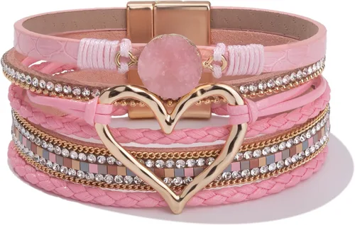Vista 10 de Pulseras de cuero con corazón grueso, estilo bohemio, apilable, lindo Negro